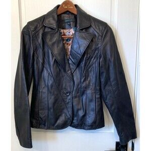 Siena Studio Black Leather Blazer Short Coat 6 One Button Closure Pockets Siren